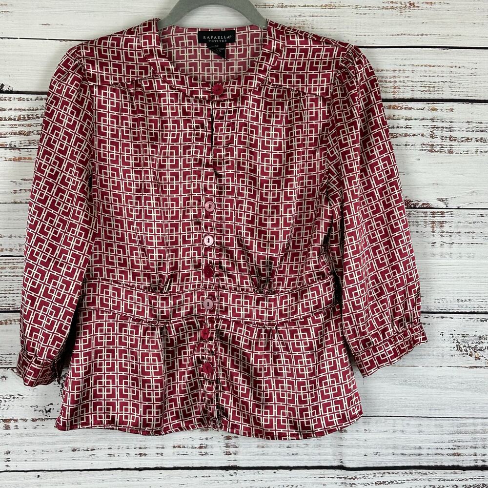 Y2K Rafaella Petite Red Silver Satin Peplum Button Up Blouse Office Womens 8P